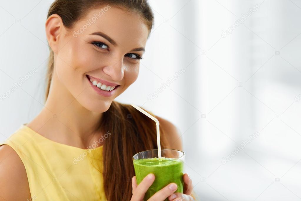 Healthy Food, Eating. Woman Drinking Detox Juice. Lifestyle, Diet Drink.