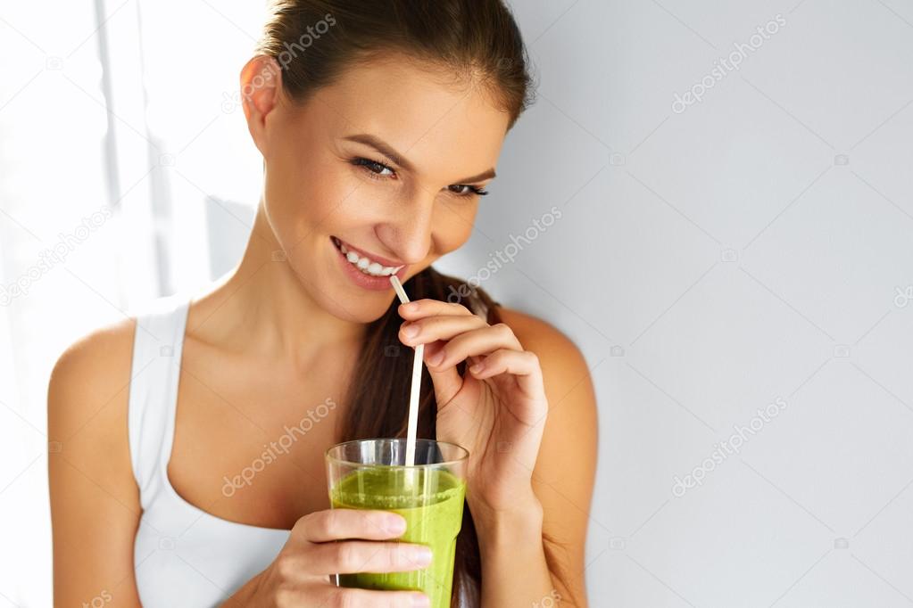 Diet. Healthy Eating Woman Drinking Juice. Lifestyle, Food. Nutrition Drinks.