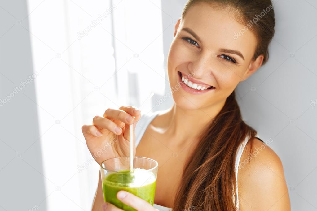 Healthy Food Eating. Woman Drinking Smoothie. Diet. Lifestyle. Nutrition Drink