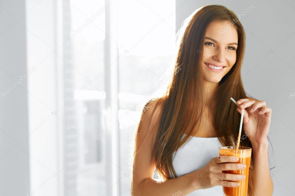 Healthy Lifestyle. Woman Drinking Fresh Detox Juice. Food, Diet, Drinks.