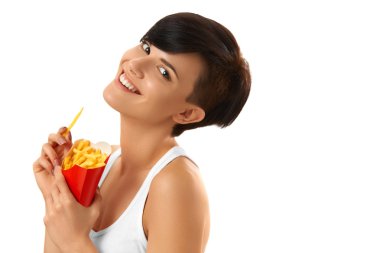 Eating Food. Woman Holding French Fries. White Background. Fast 