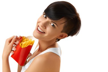Eating Fast Food. Girl Eating French Fries. Nutrition. Lifestyle