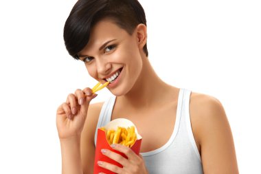 Eating Fast Food. Girl Eating French Fries. Nutrition. Lifestyle