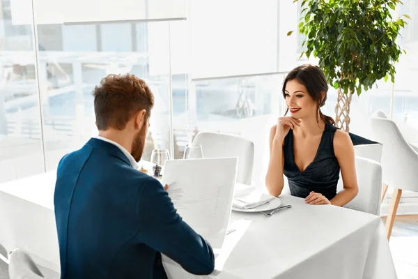 Romantic Couple In Love. Dinner In Restaurant. Romance And Relat — Stock Photo, Image