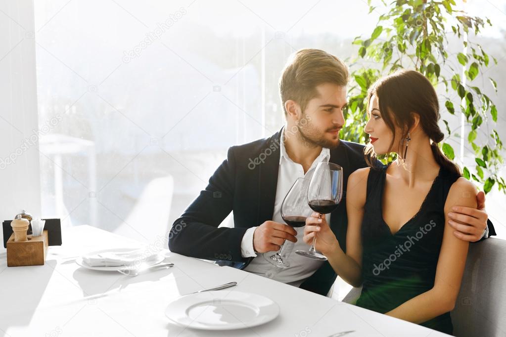 Love. Happy Couple Having Dinner, Celebrating Valentine's Day In