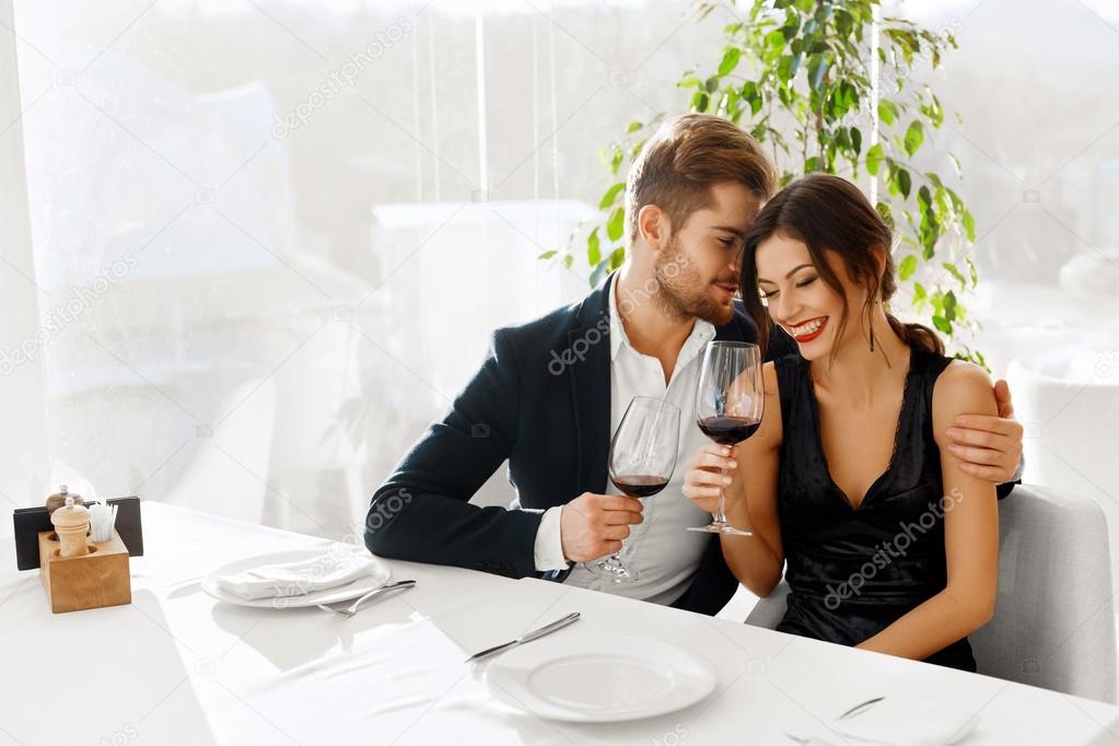 Love. Happy Couple Having Dinner, Celebrating Valentine's Day In