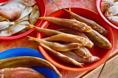 Deniz ürünleri. Balık pazarı Tayland. Sağlıklı beslenme. Gıda Backgr
