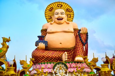 Thailand Landmark. Big Laughing Buddha Statue In Temple. Buddhis