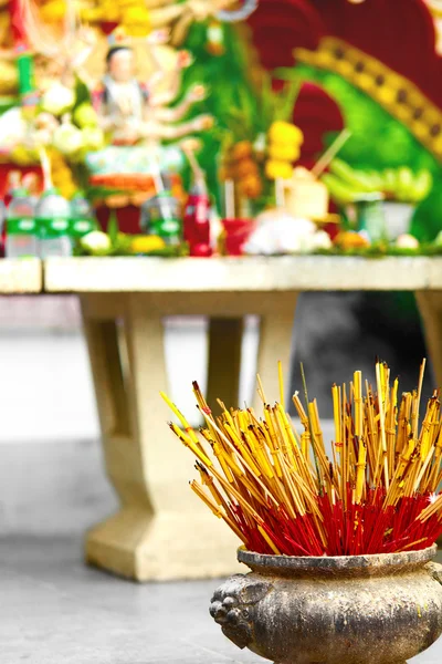 Buddhism, Thailand Religion. Incense Sticks In Urn In Temple. Pr — Stock Photo, Image