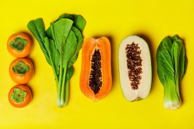 Healthy Vegetarian Nutrition. Raw Organic Fruits, Vegetables Bac