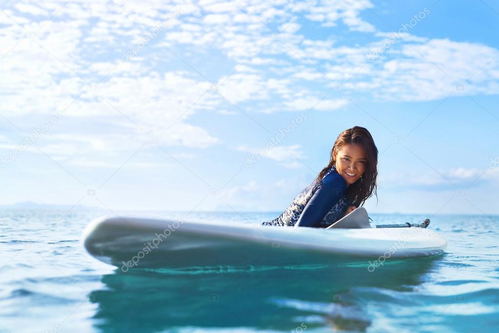 Sports. Woman On Surfboard In Water. Summer Vacation. Leisure Ac