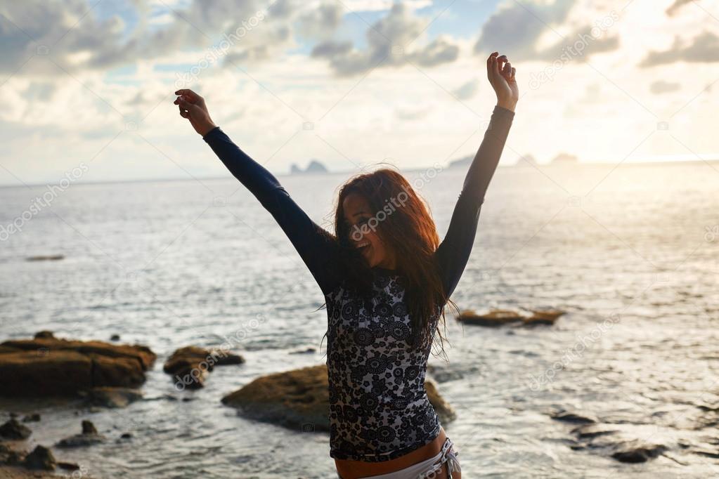 Summer Fun. Healthy Happy Woman On Beach. Happiness, Freedom, En