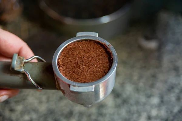 Espresso Machine Grounded Coffee Hands — Stock Photo, Image