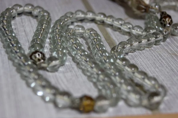 Macro Photograph Selective Focus Glass Shiny Prayer Beads Rosary Copy — Stock Photo, Image