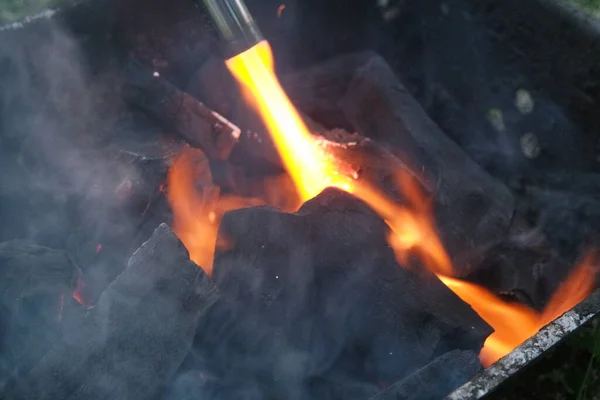 Feu Sur Les Bûches Dans Casserole Avec Des Braises Charbon — Photo