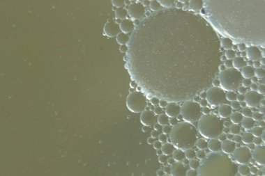 Su yüzeyinde yüzen petrol çemberlerinin soyut makro arka planı. Makro, su üzerindeki baloncukları yakından görüyor. Su makro fotoğraf arkaplanında yağ kabarcıkları