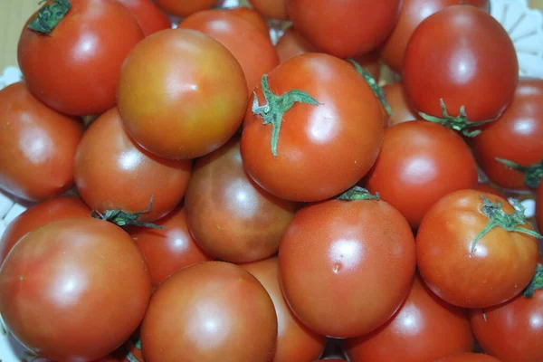 販売のための市場での赤いトマトのクローズアップビュー テキストと広告の果物の背景 — ストック写真