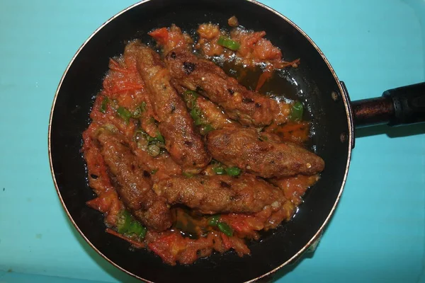 Closeup View Delicious Spicy Home Made Fried Kebab Green Mint — Stock Photo, Image