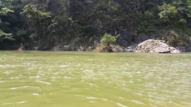 Yeşil su yüzeyi manzarası, yeşil ağaçlar ve dağlar. Metin için kopyalama alanı olan su arkaplanı