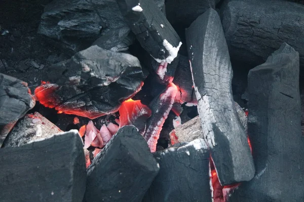 Feu Sur Les Bûches Dans Casserole Avec Des Braises Charbon — Photo