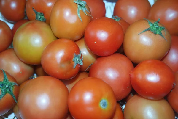 Vista Cerca Tomates Rojos Mercado Para Venta Fondo Fruta Para — Foto de Stock