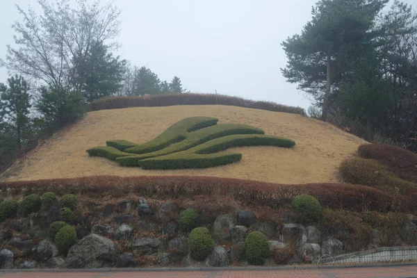 公園内の小さな泥だらけの山の上に美しい草を切る姿 — ストック写真