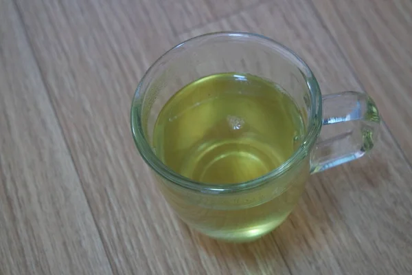 Glass Cup Having Brewed Fragrant Green Tea Qehwa Qahwa Wooden — Stock Photo, Image