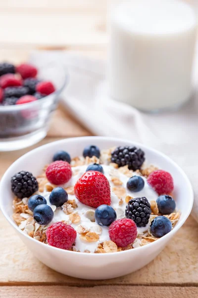 Healthy and nutritious yoghurt with cereal and fresh raw berries — Stock Photo, Image