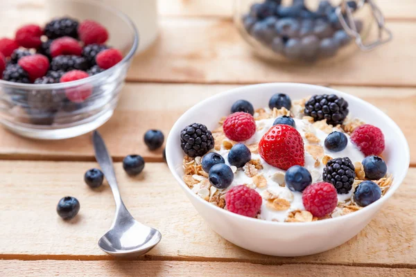 Tahıl ve taze ham meyveleri ile sağlıklı ve besleyici yoğurt