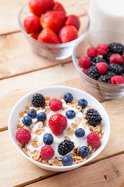 Healthy and nutritious yogurt with cereal and fresh raw berries — Stock Photo, Image