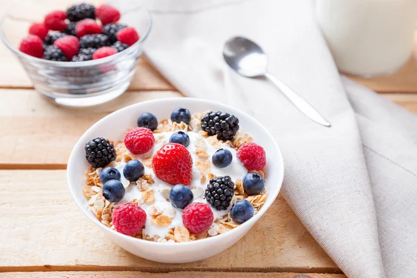 Healthy and nutritious yogurt with cereal and fresh raw berries — Stock Photo, Image