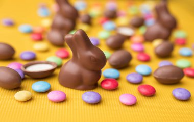 Lezzetli Paskalya bayramı çikolatalı tavşan, yumurta ve tatlı