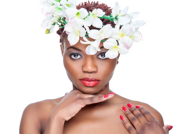 Black beauty with with a crown of flowers — Stock Photo, Image