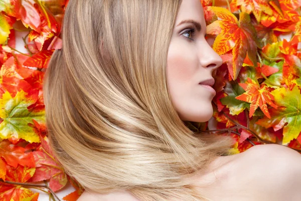 Hermosa mujer joven acostada en hojas —  Fotos de Stock