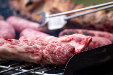 Taze, pişmemiş domuz pirzolası ve sosis ızgaraya hazır, Summer Grilling.