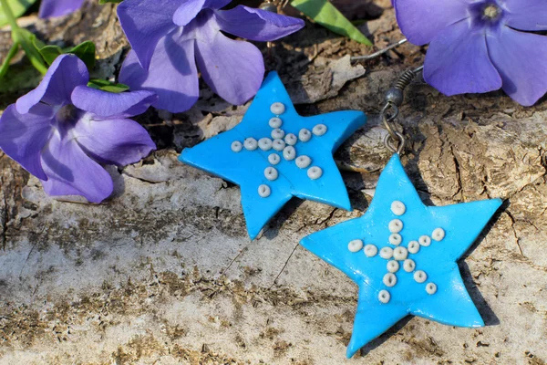 Kolczyki ręcznie robione niebieskie gliny na tle przyrody — Zdjęcie stockowe
