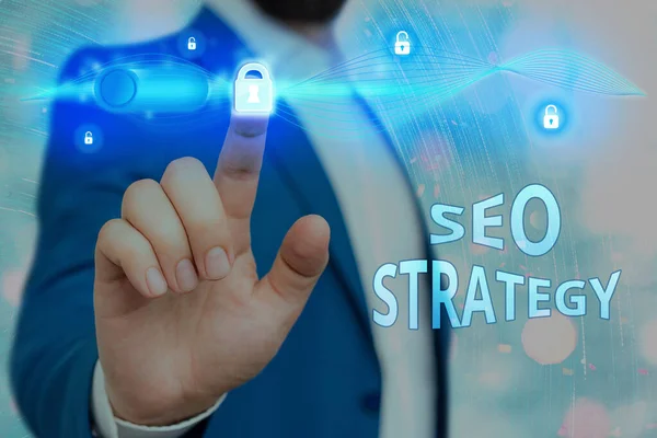 Texto de escritura Seo Estrategia. Concepto que significa Técnicas y tácticas para aumentar los visitantes de un sitio web Candado de gráficos para el sistema de aplicación de seguridad de información de datos web. — Foto de Stock