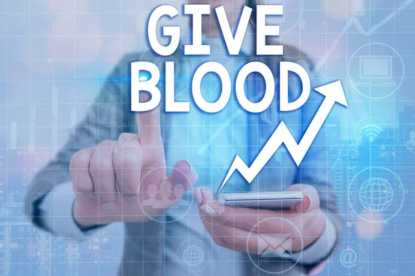 Scrivere una nota che mostra Give Blood. Foto aziendale che mostra un individuo volontariamente ha il sangue estratto e utilizzato per trasfusioni simbolo freccia verso l'alto mostrando risultati significativi. — Foto Stock