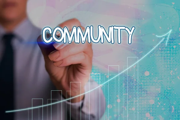 Conceptual hand writing showing Community. Business photo showcasing group of showing with a common characteristics living together Arrow symbol going upward showing significant achievement. — Stock Photo, Image