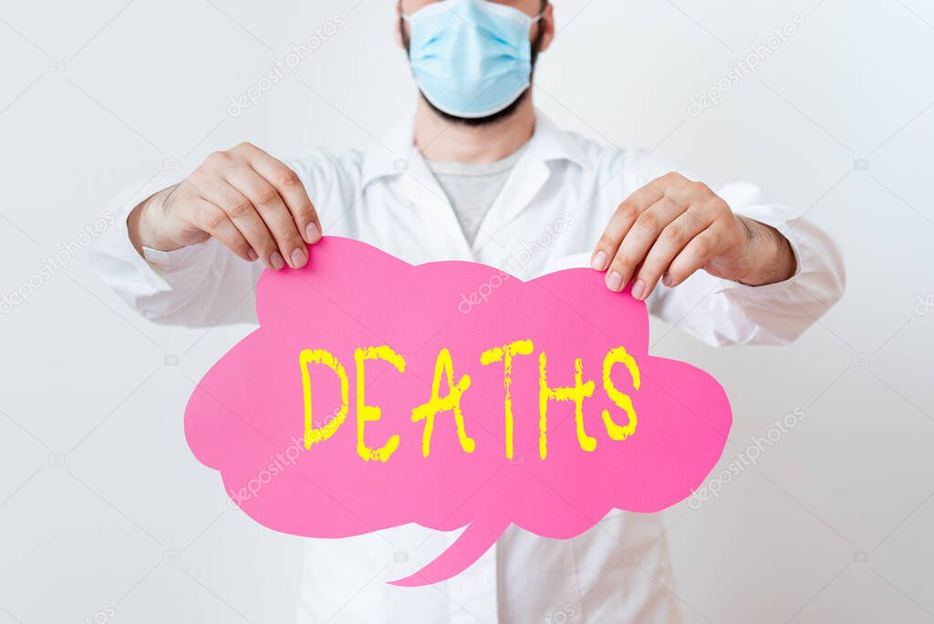 Conceptual hand writing showing Deaths. Business photo text permanent cessation of all vital signs, instance of dying individual Laboratory Technician Featuring Sticker Paper Smartphone.