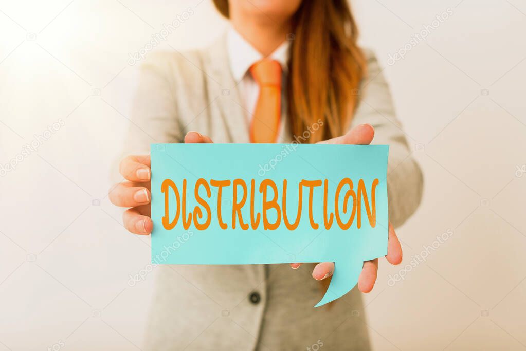 Writing note showing Distribution. Business photo showcasing position, arrangement, or frequency of occurrence over an area Displaying different color mock up notes for emphasizing content.