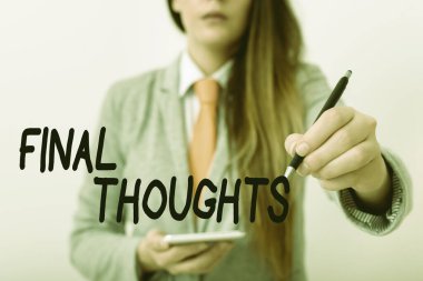 Kelime yazma Son Düşünceler. Sonuç için iş kavramı ya da sonuç içindeki son birkaç cümle, kalemi promosyon kullanımına hazır tutmanın farklı çekimlerini gösteren model.