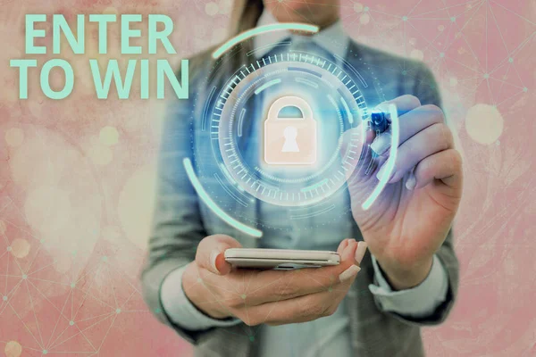 Znak tekstowy pokazujący Enter To Win. Zdjęcie koncepcyjne zamieniające coś wartościowego na nagrodę lub szansę na wygranie Grafika kłódka dla systemu bezpieczeństwa danych internetowych aplikacji bezpieczeństwa informacji. — Zdjęcie stockowe