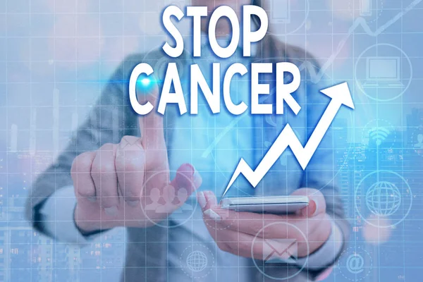 Writing note showing Stop Cancer. Business photo showcasing prevent the uncontrolled growth of abnormal cells in the body Arrow symbol going upward showing significant achievement. — Stock Photo, Image