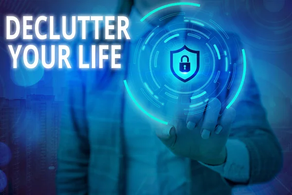Εννοιολογική γραφή χεριών που δείχνει Declutter τη ζωή σας. Business photo showcasing Για να εξαλείψετε ξένα πράγματα ή πληροφορίες στη ζωή Graphics padlock για web σύστημα εφαρμογής ασφάλειας δεδομένων. — Φωτογραφία Αρχείου