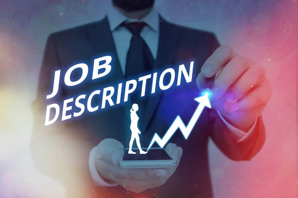 Writing note showing Job Description. Business photo showcasing a formal account of an employee s is responsibilities Arrow symbol going upward showing significant achievement. — Stock Photo, Image