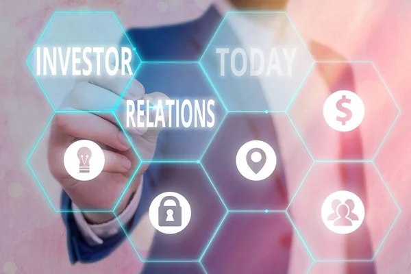 Writing note showing Investor Relations. Business photo showcasing management responsibility that integrates finance Grids and different icons latest digital technology concept. — Stock Photo, Image