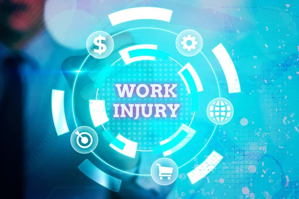 Writing note showing Work Injury. Business photo showcasing Accident in job Danger Unsecure conditions Hurt Trauma Information digital technology network infographic elements.