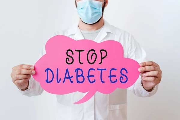 Sinal de texto mostrando Stop Diabetes. Foto conceitual prevenir a doença do nível elevado de glicose no sangue Laboratório Técnico Com Vazio adesivo Acessórios de papel Smartphone. — Fotografia de Stock