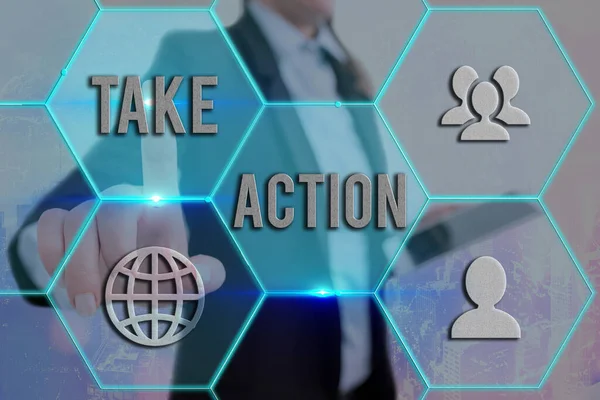 Signo de texto que muestra Take Action. Foto conceptual aconseja a alguien a hacer algo o reacción en este momento Rejillas y diferentes configuraciones de los iconos último concepto de tecnología digital. — Foto de Stock